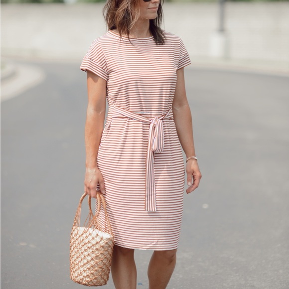 Brown stripe dress, tie at waist - Picture 2 of 2